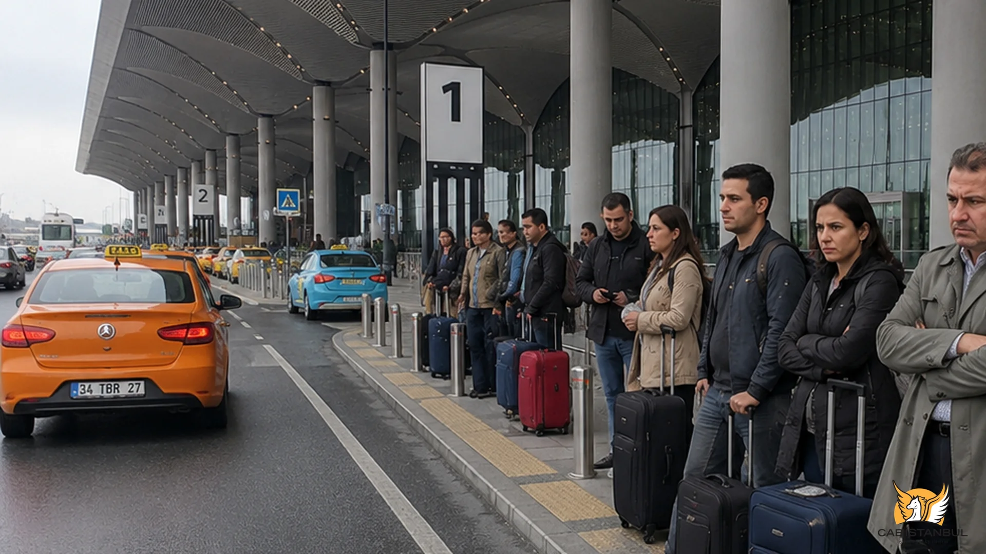 Taxi queue at Istanbul airport arrivals — metered taxis waiting outside IST terminal