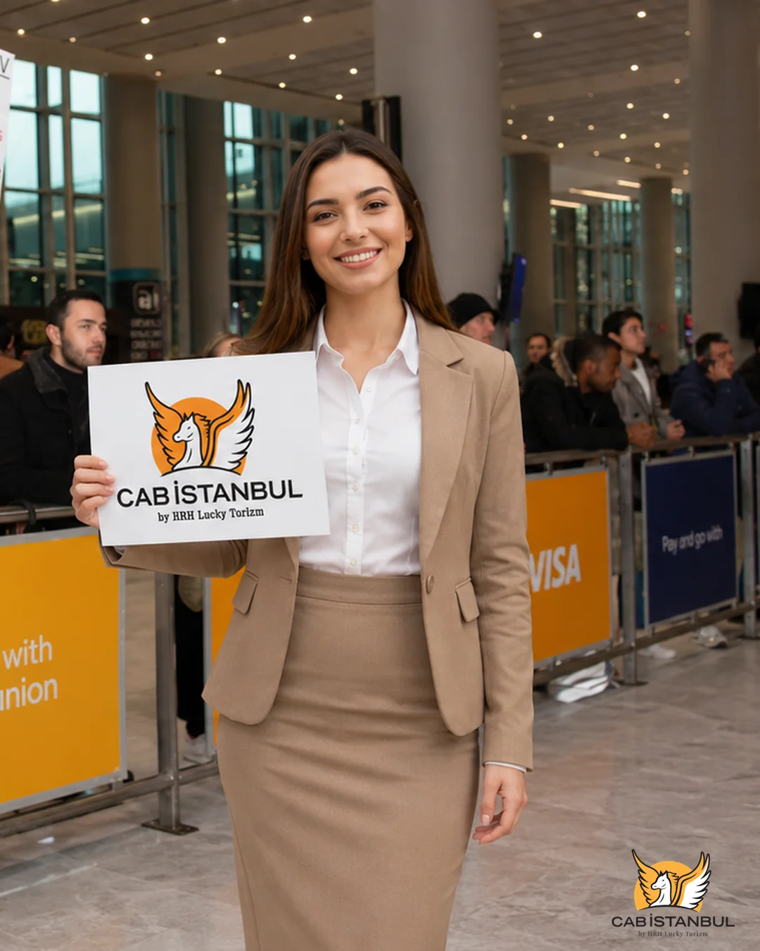 Driver with name board at Istanbul Airport arrivals &mdash; private meet and greet service