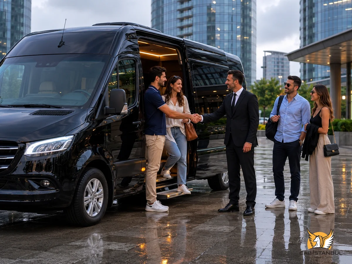 Mercedes van with driver ready for a multi-passenger intercity trip from Istanbul