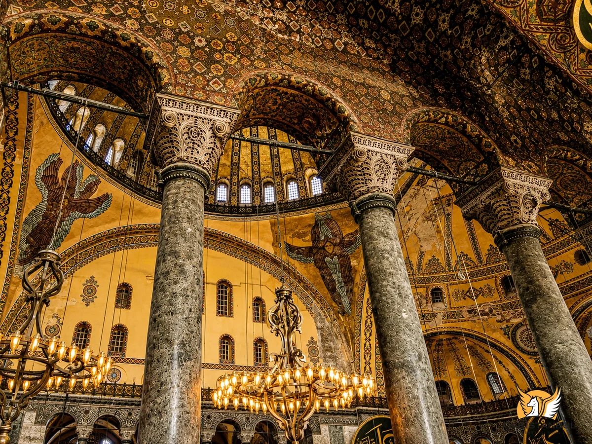 Vista interior de la gran cúpula de Santa Sofía con las ventanas de la base iluminando el espacio central, Estambul