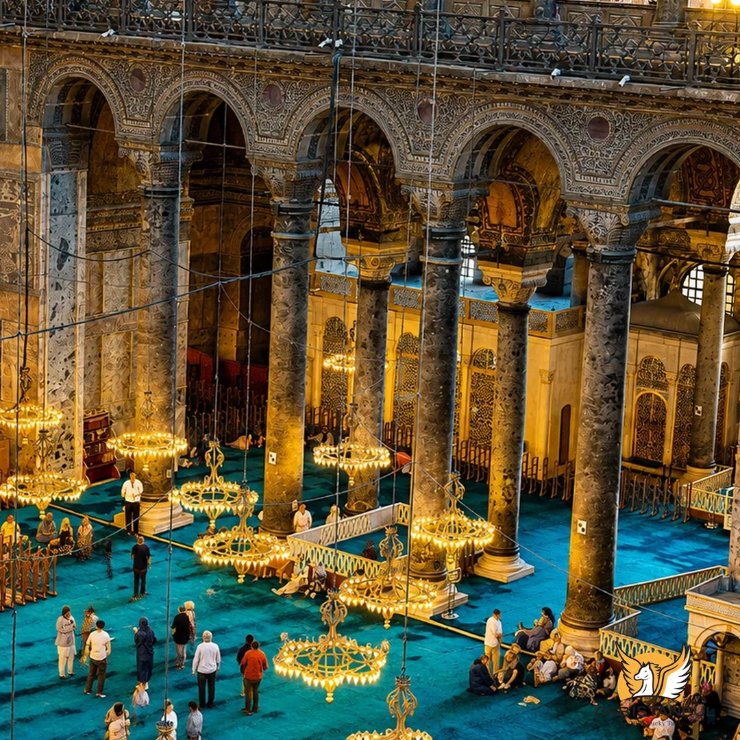 Interior de las galerías superiores de Santa Sofía con luz matinal filtrando por los ventanales de la cúpula, Estambul