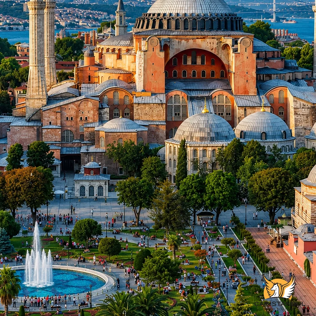 Detalle en primer plano de teselas doradas de un mosaico bizantino en las galerías superiores de Santa Sofía, Estambul