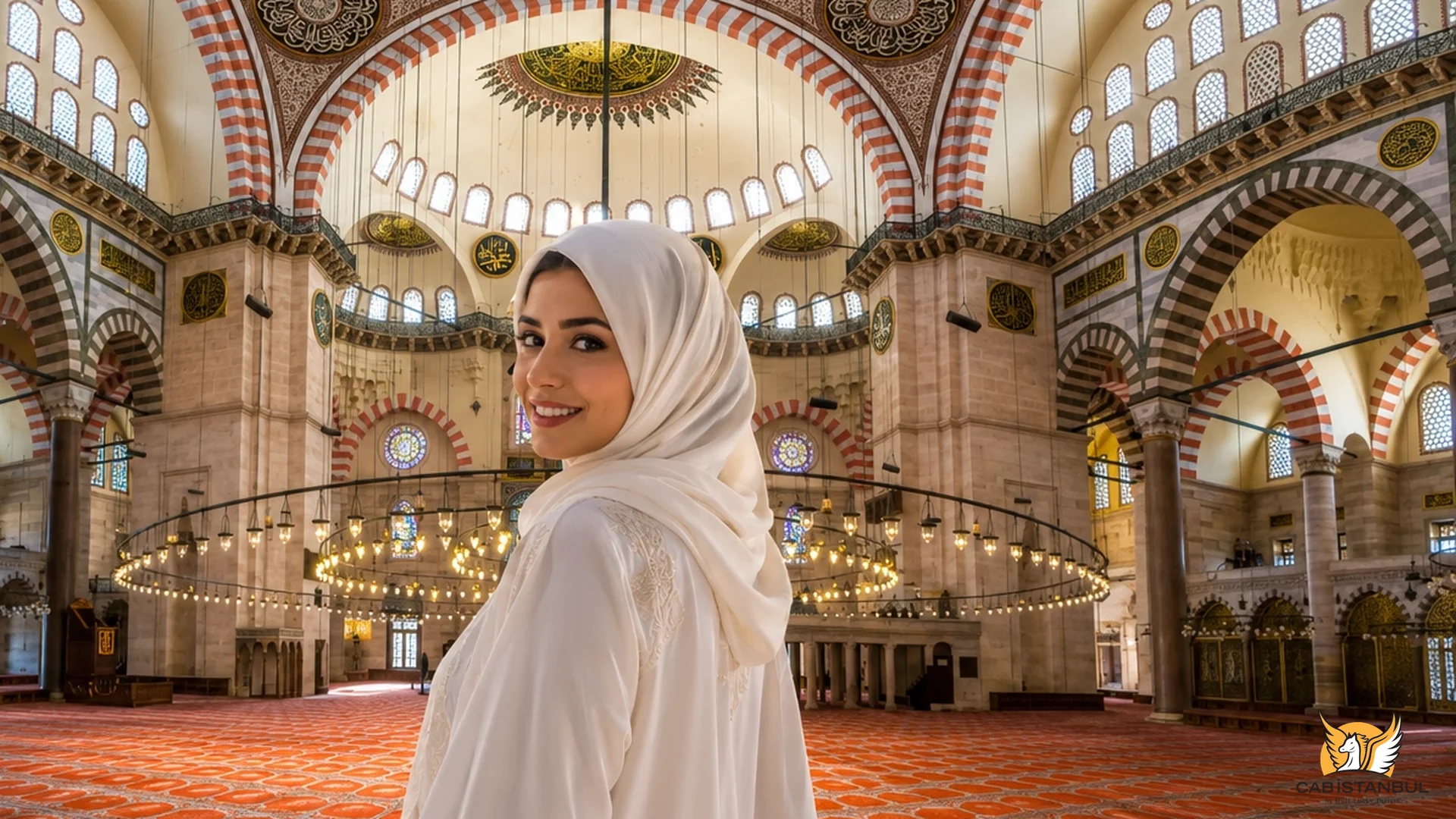 Blue Mosque panoramic interior view — full dome and nave, Sultanahmet Istanbul