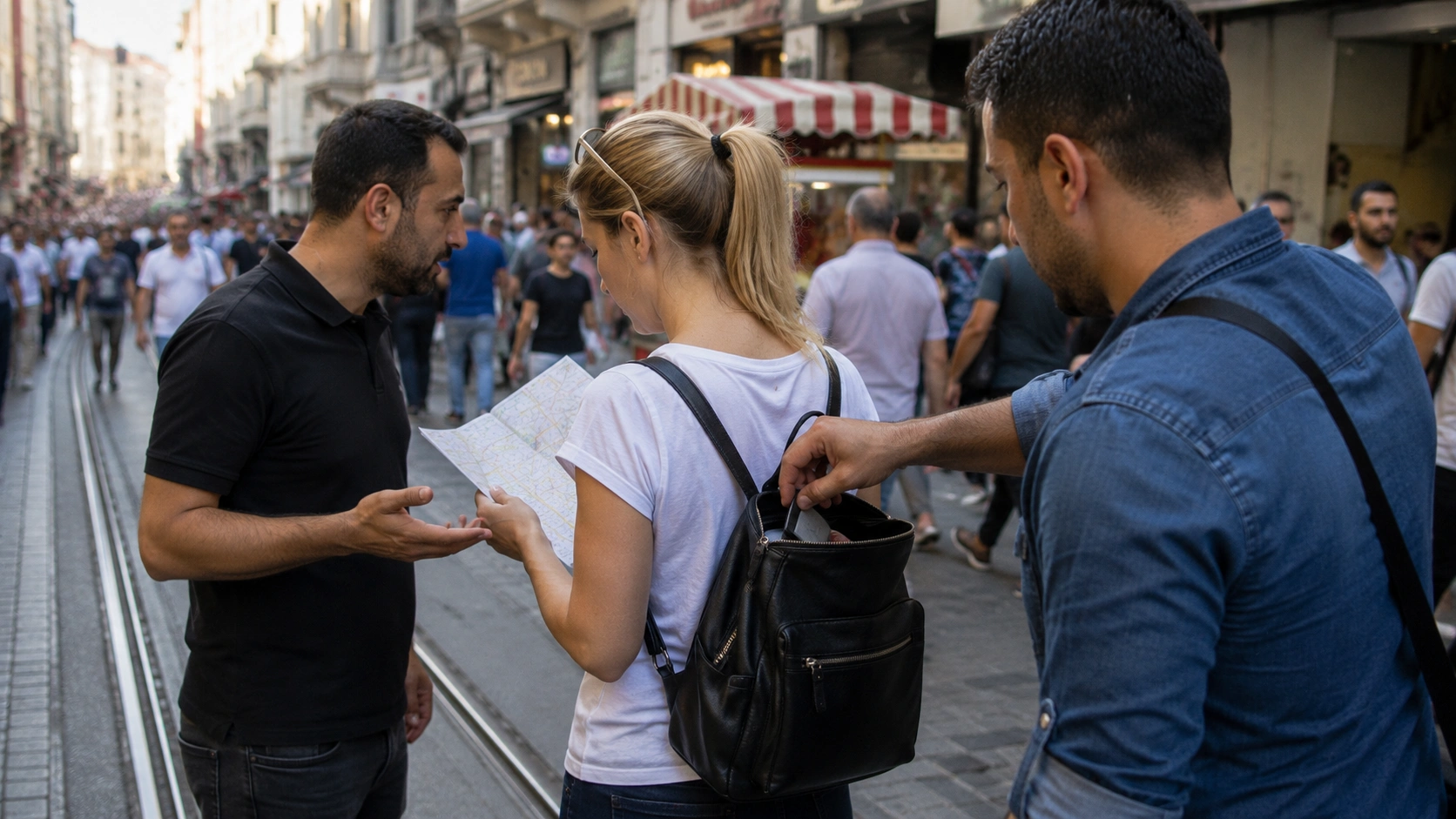 Pickpocket distraction team in a crowded Istanbul tourist area