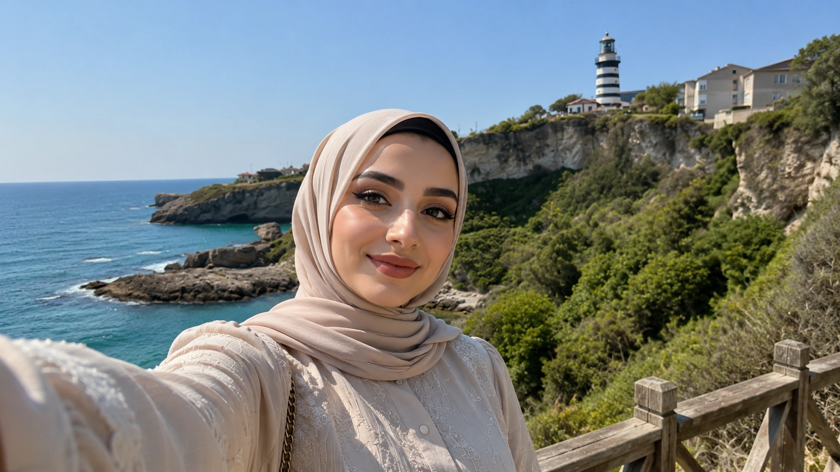 Şile Lighthouse on the rocky Black Sea coast at dusk