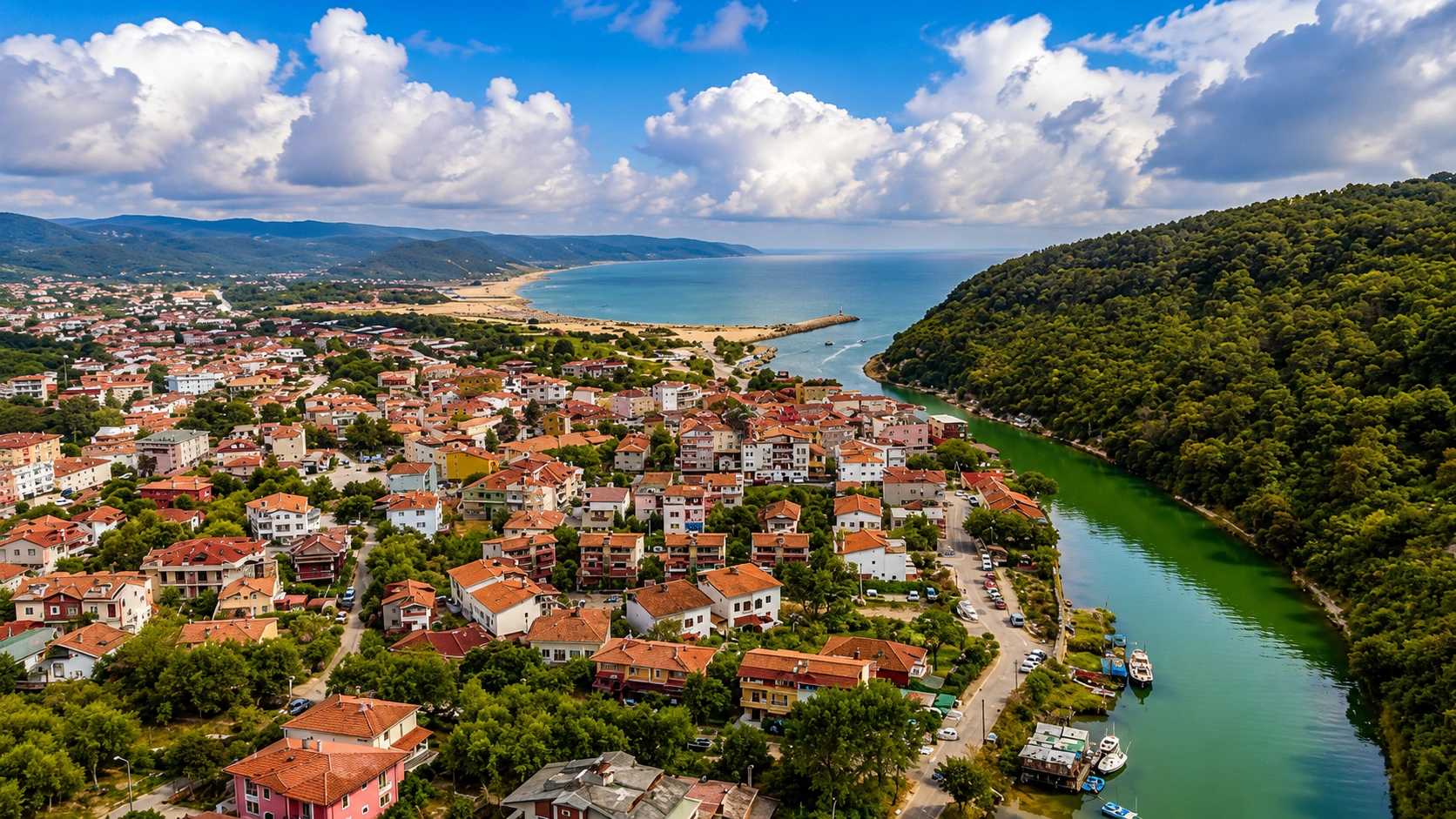 Göksu River in Ağva with boats and forested riverbanks