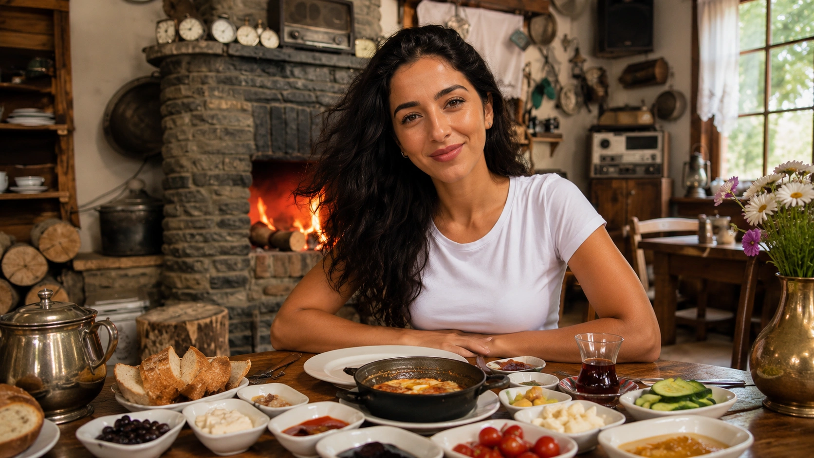 Turkish village breakfast spread near Abant Lake — local produce, honey, eggs and fresh bread