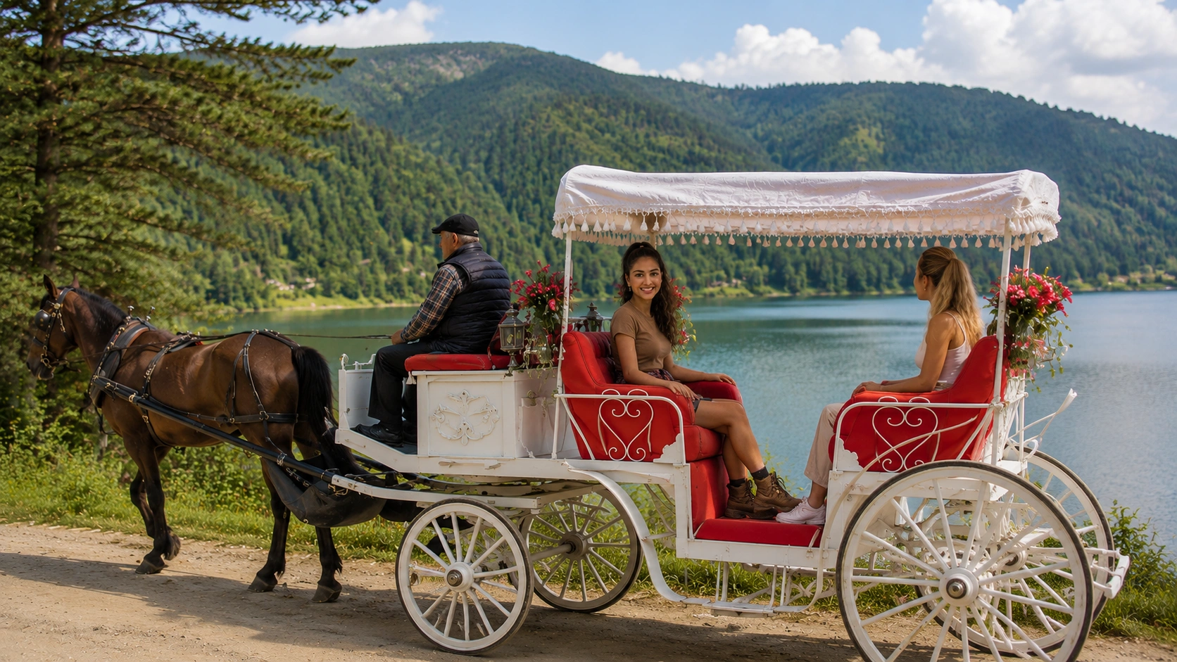 Horse carriage on the lakeside path at Abant — a traditional way to experience the lake circuit