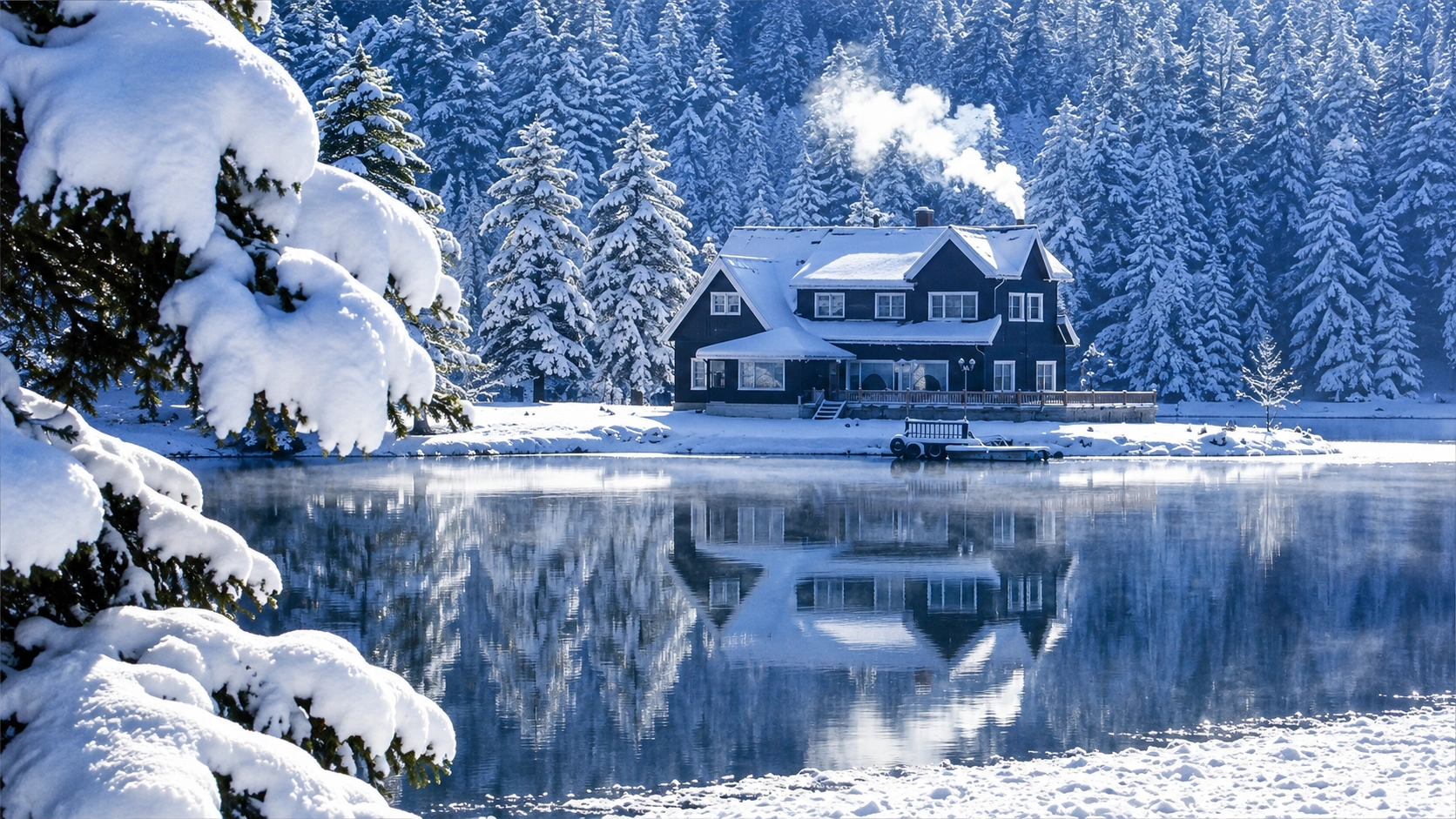 Abant Lake in winter — snow-covered trees and frozen shoreline