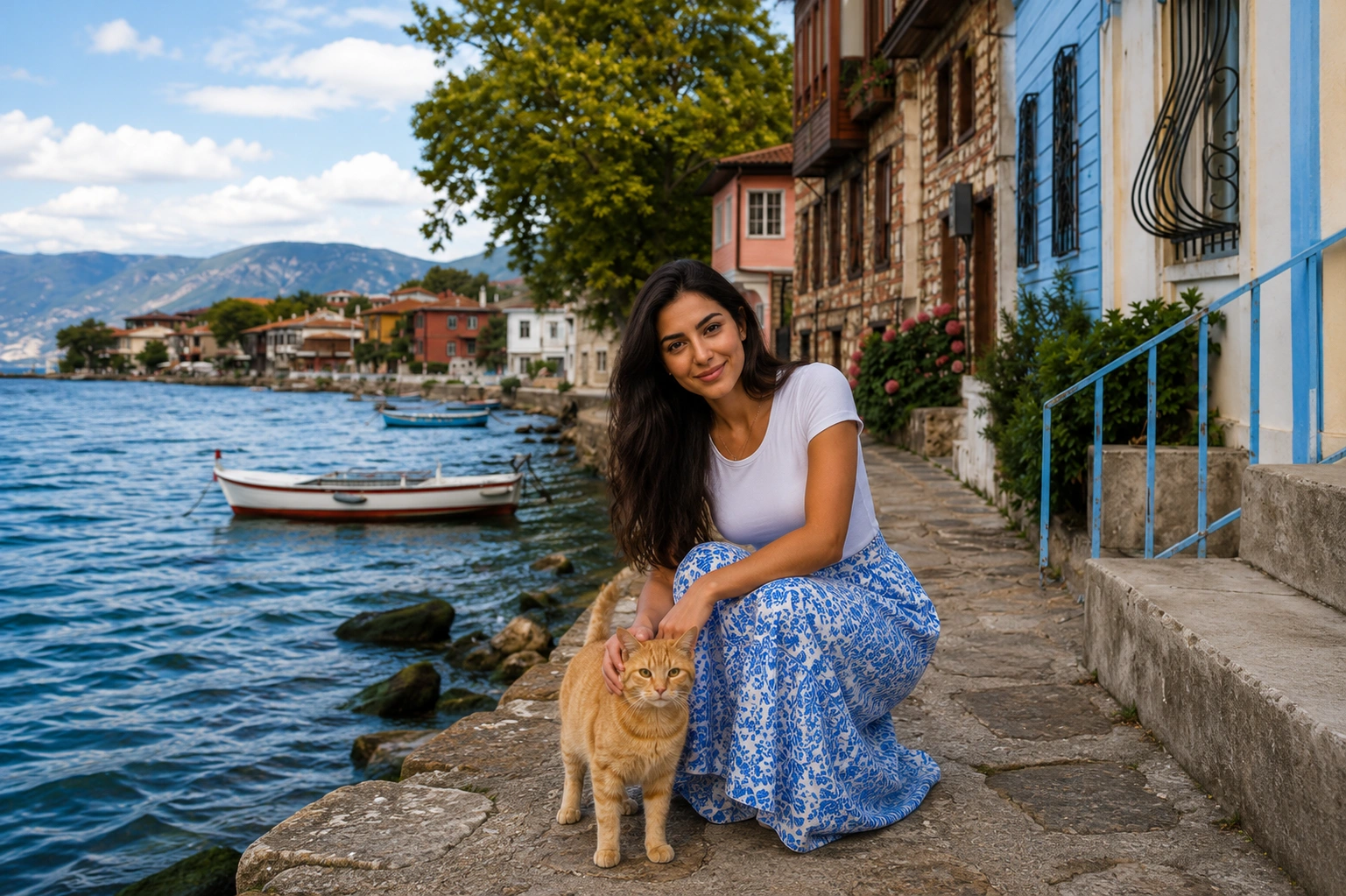 Tirilye sokaklarında taş merdivenlerde dinlenen kedi