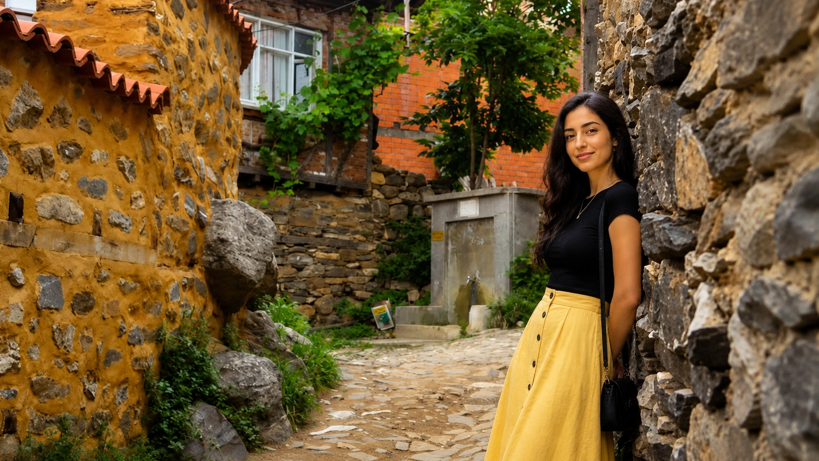 Narrow cobblestone street in Cumalıkızık lined with Ottoman houses