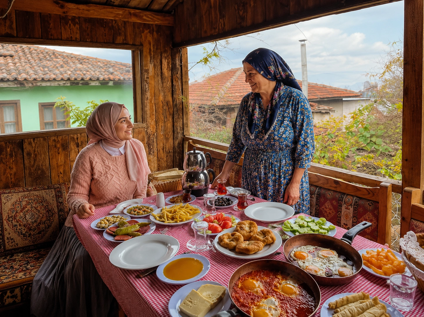Traditional Turkish village breakfast spread in Cumalıkızık with local cheeses, olives, honey and bread
