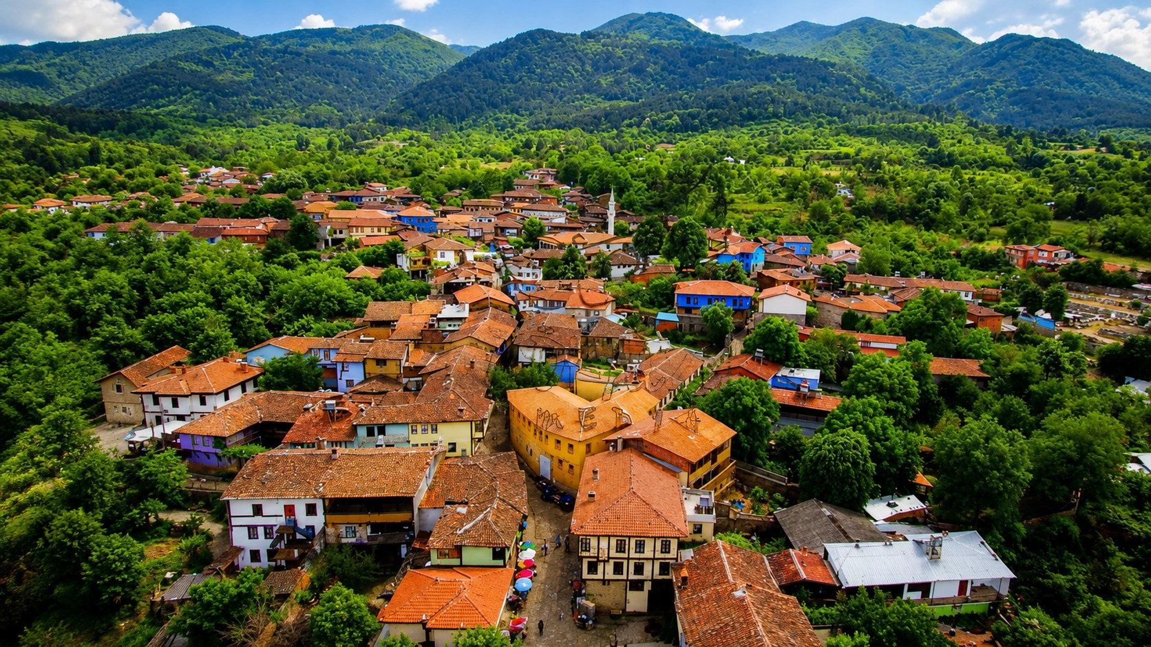 Aerial view of Cumalıkızık village showing Ottoman rooftops and green Uludağ mountain