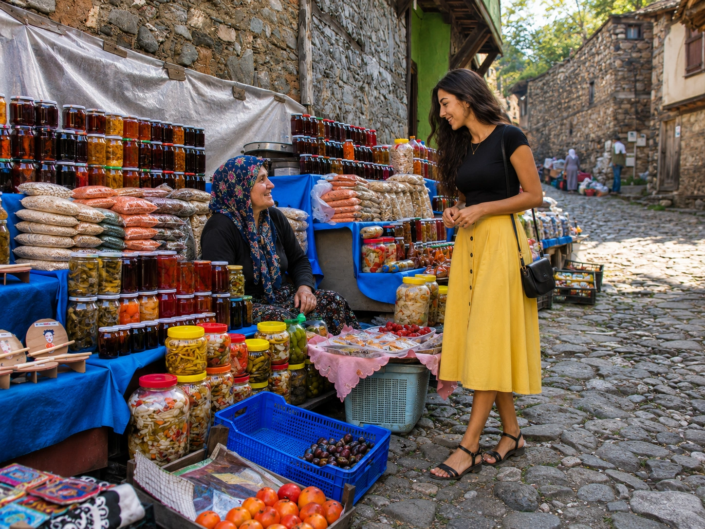 Weekend organic market in Cumalıkızık with local vegetables, jams and handmade products