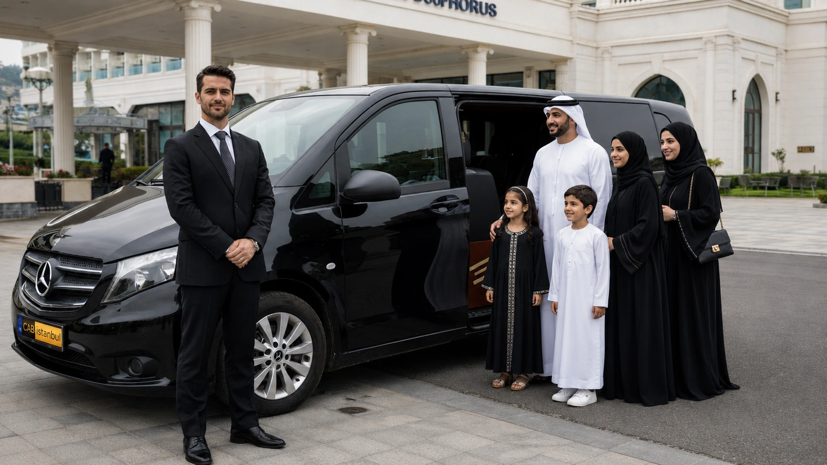 Cab Istanbul professional chauffeur with Mercedes at Istanbul airport arrivals