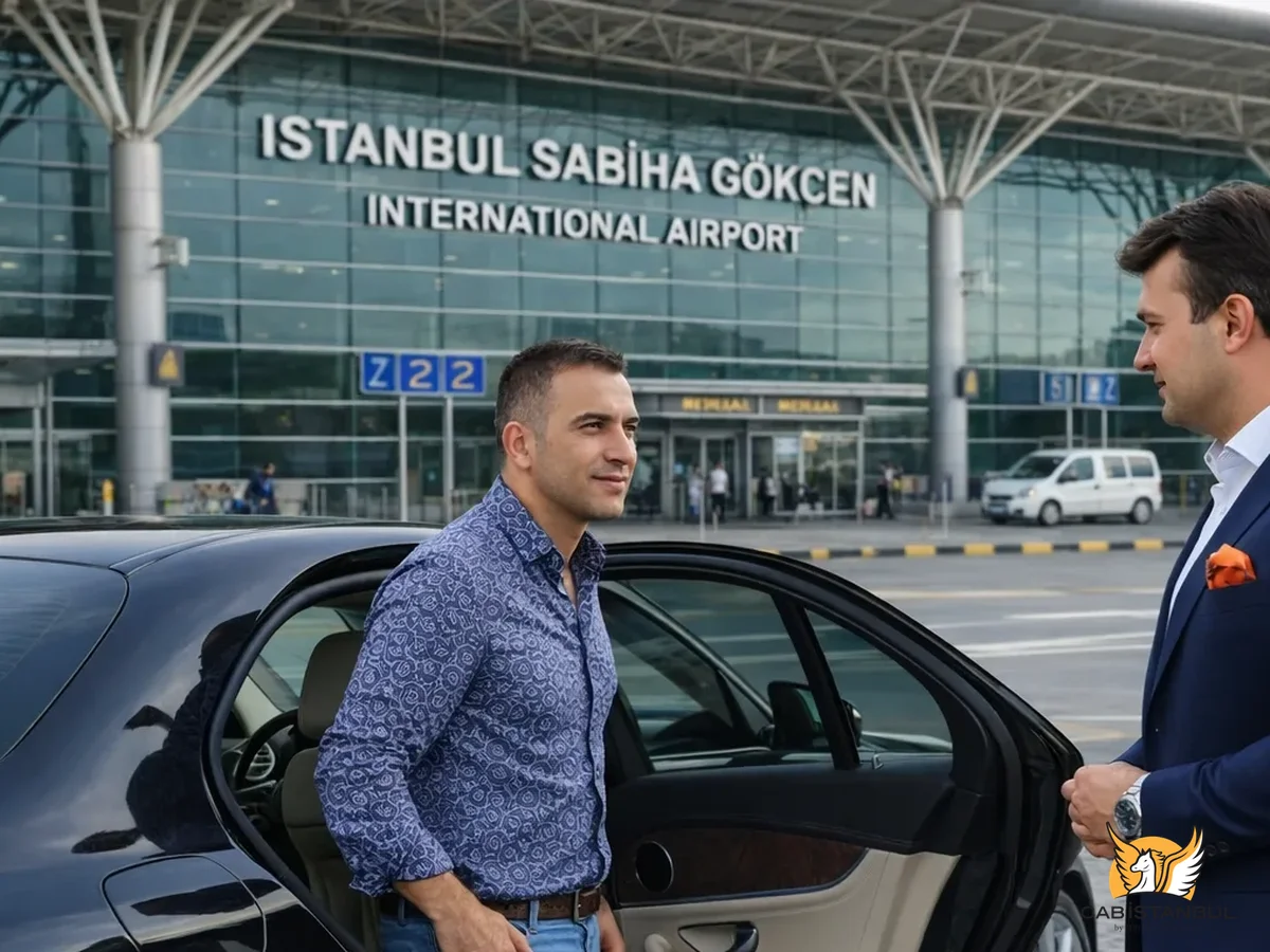 Cab Istanbul Mercedes vehicle at Sabiha Gokcen Airport ready for chauffeur service pickup