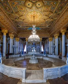 Marble-floored pool hall with central fountain inside Beylerbeyi Palace