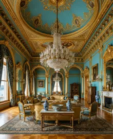 Ornate reception room in Beylerbeyi Palace with gilded furniture and chandeliers