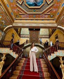 Sweeping marble staircase with carved balustrade inside Beylerbeyi Palace