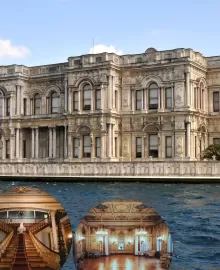 Full exterior view of Beylerbeyi Palace beneath a bright sky