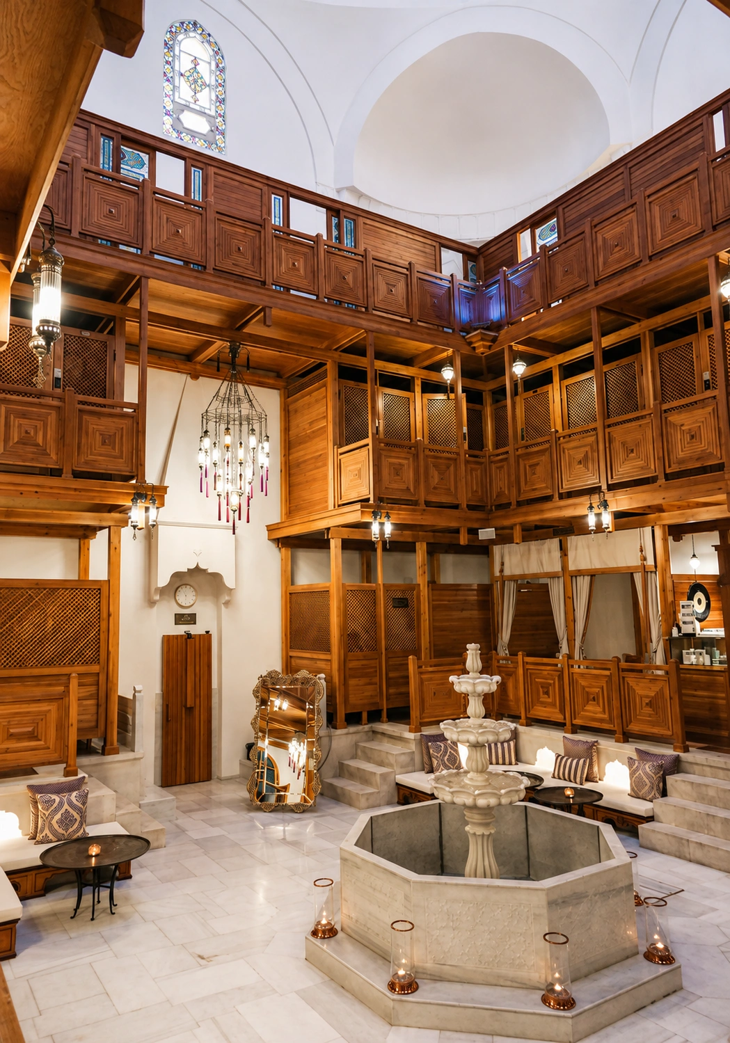 Restored marble lobby and changing hall of the Hurrem Sultan Hammam beneath its great dome