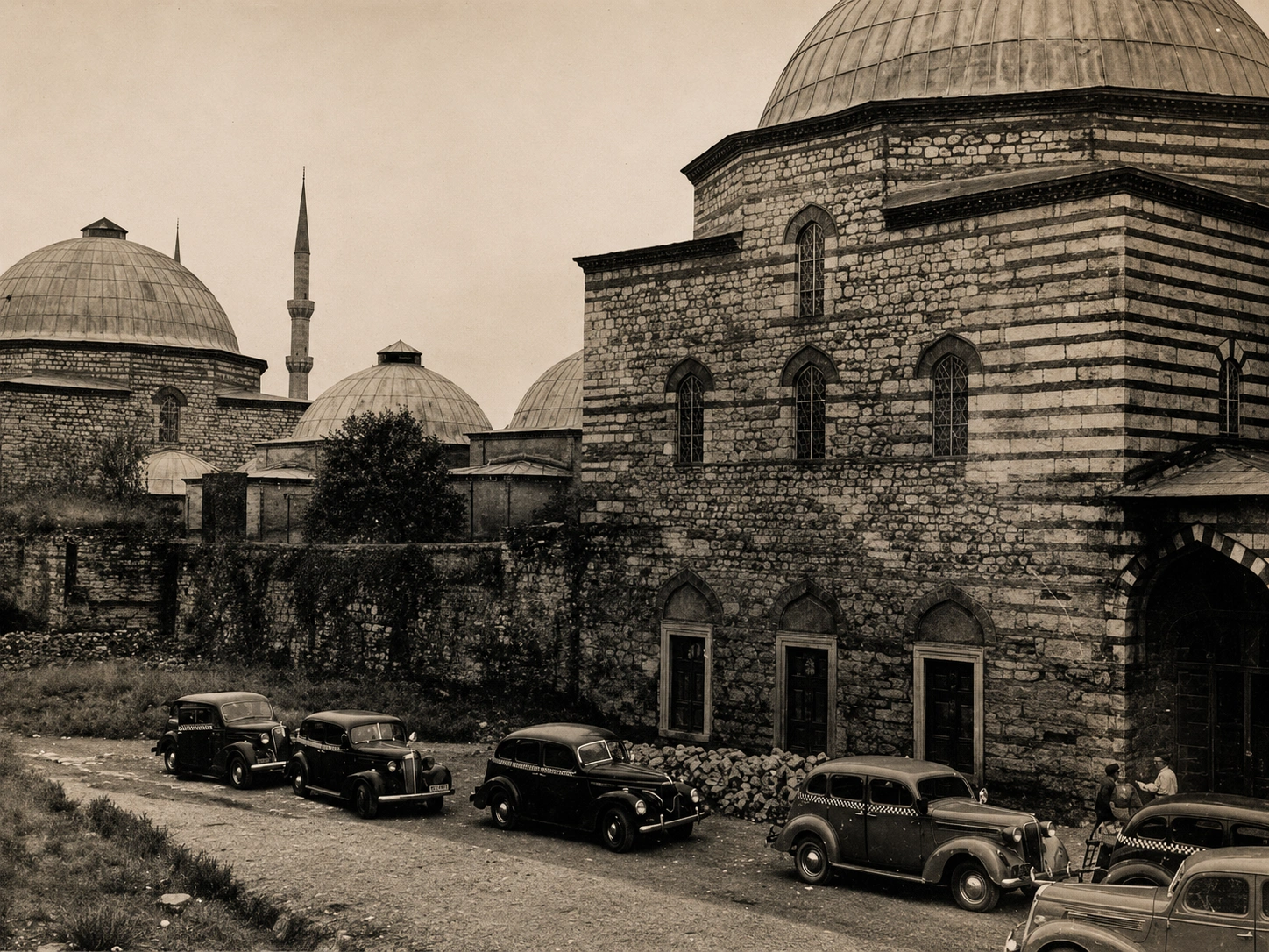 Historic photograph of the Hurrem Sultan Hammam exterior set among the domes of Sultanahmet