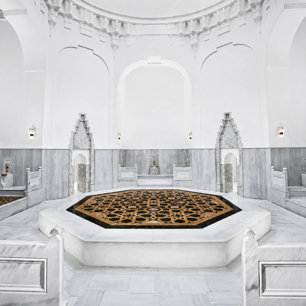Central marble göbek taşı platform beneath the dome of the hammam’s hot room