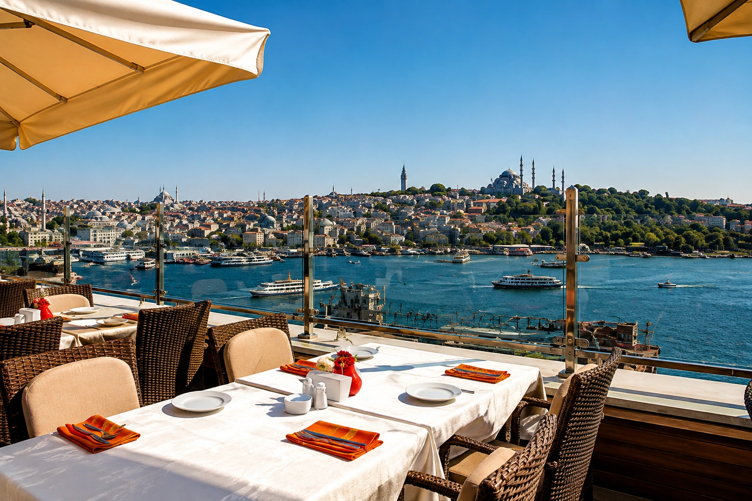 Restaurant interior at The Peninsula Istanbul set for dinner service