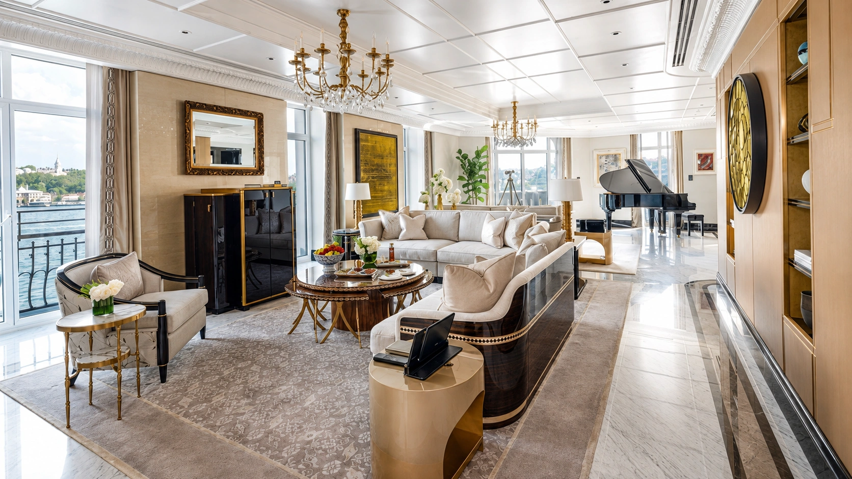 Suite interior at The Peninsula Istanbul with seating area and large windows