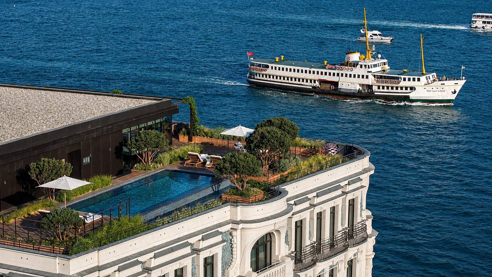 Rooftop infinity pool at The Peninsula Istanbul overlooking the Bosphorus