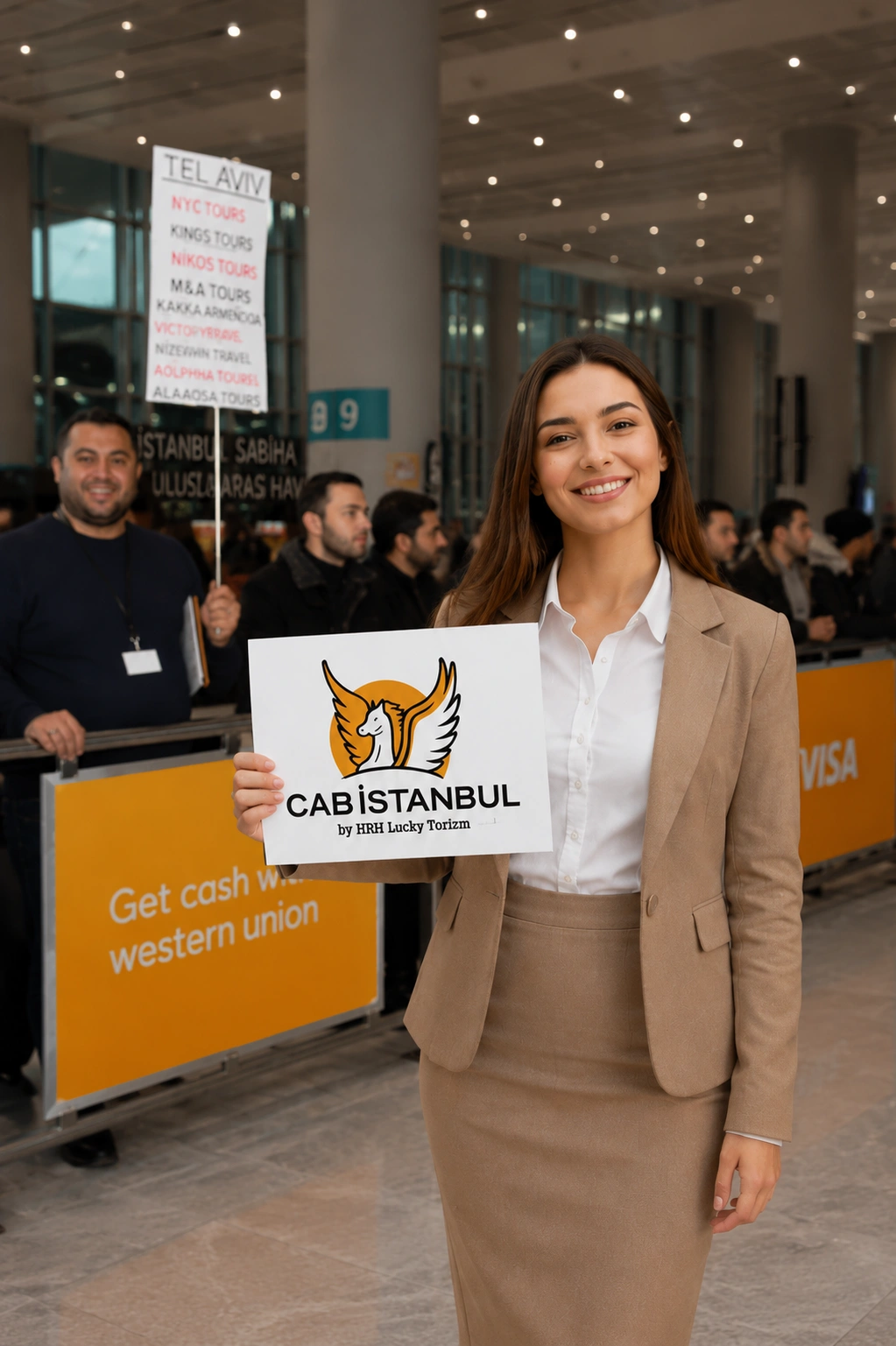 Professioneller Fahrer mit Namensschild beim Meet-and-Greet in der Ankunftshalle des Flughafens Istanbul