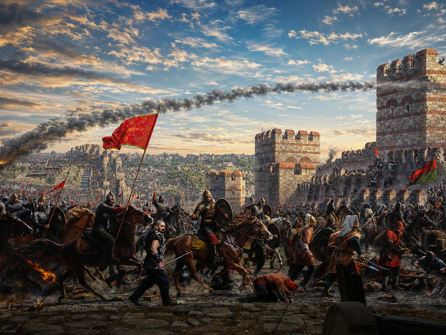 Detailed section of the siege mural with soldiers, cannons, and smoke over the city walls