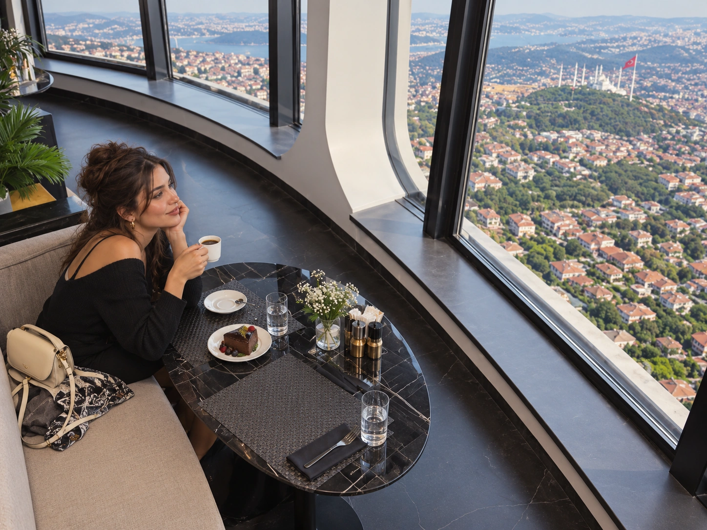 Çamlıca Kulesi içinde manzaralı kafe oturumu