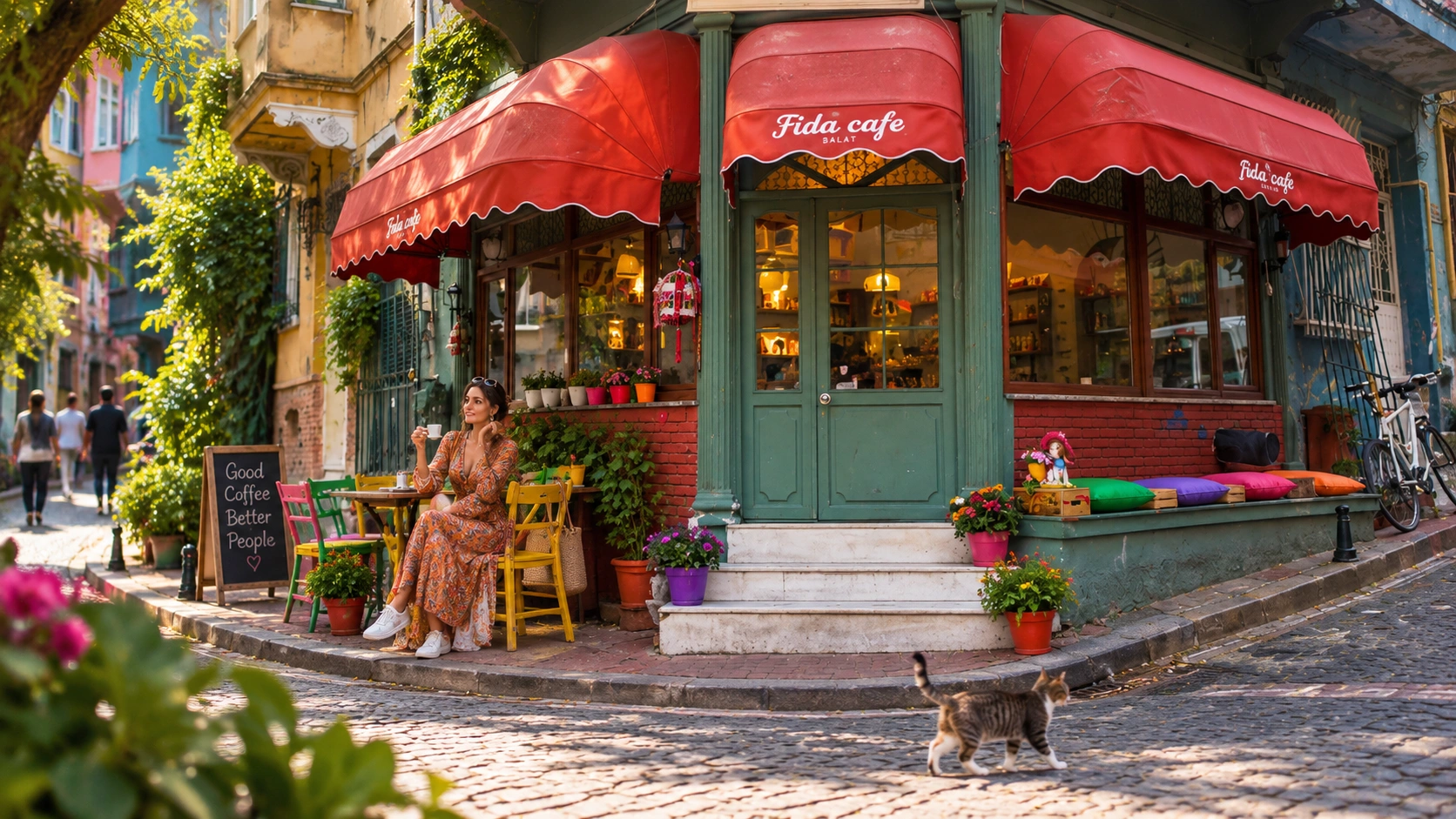 Cafe seating and street-level pause spot in Balat