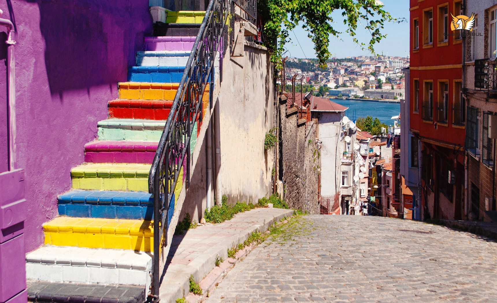Narrow historic street with shops and façades in Balat Istanbul