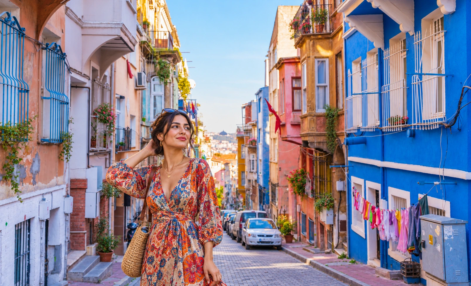 Visitors walking a Balat street during a neighbourhood visit