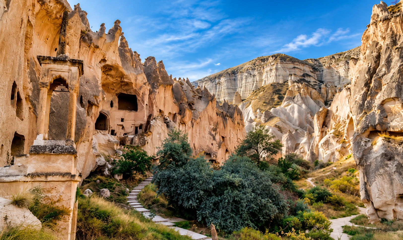 Zelve Open Air Museum valleys with fairy chimneys and rock-cut settlement facades