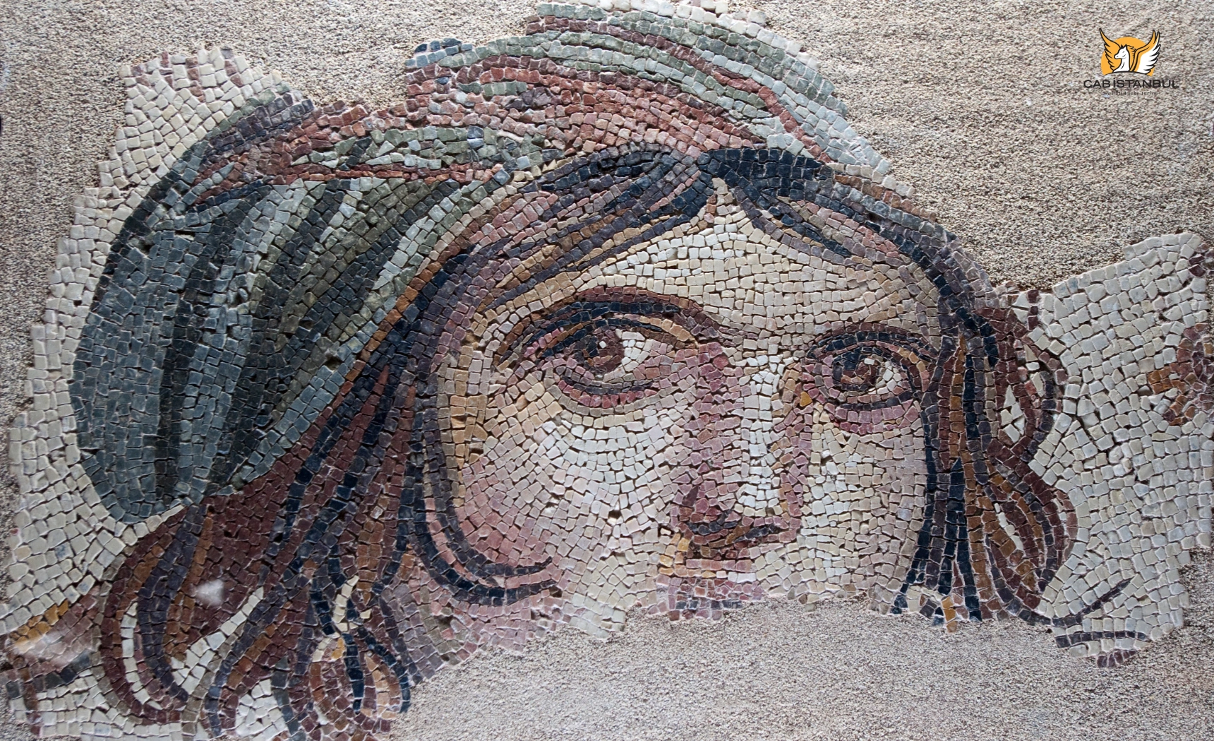 Close view of the Gypsy Girl mosaic tesserae at Zeugma Mosaic Museum