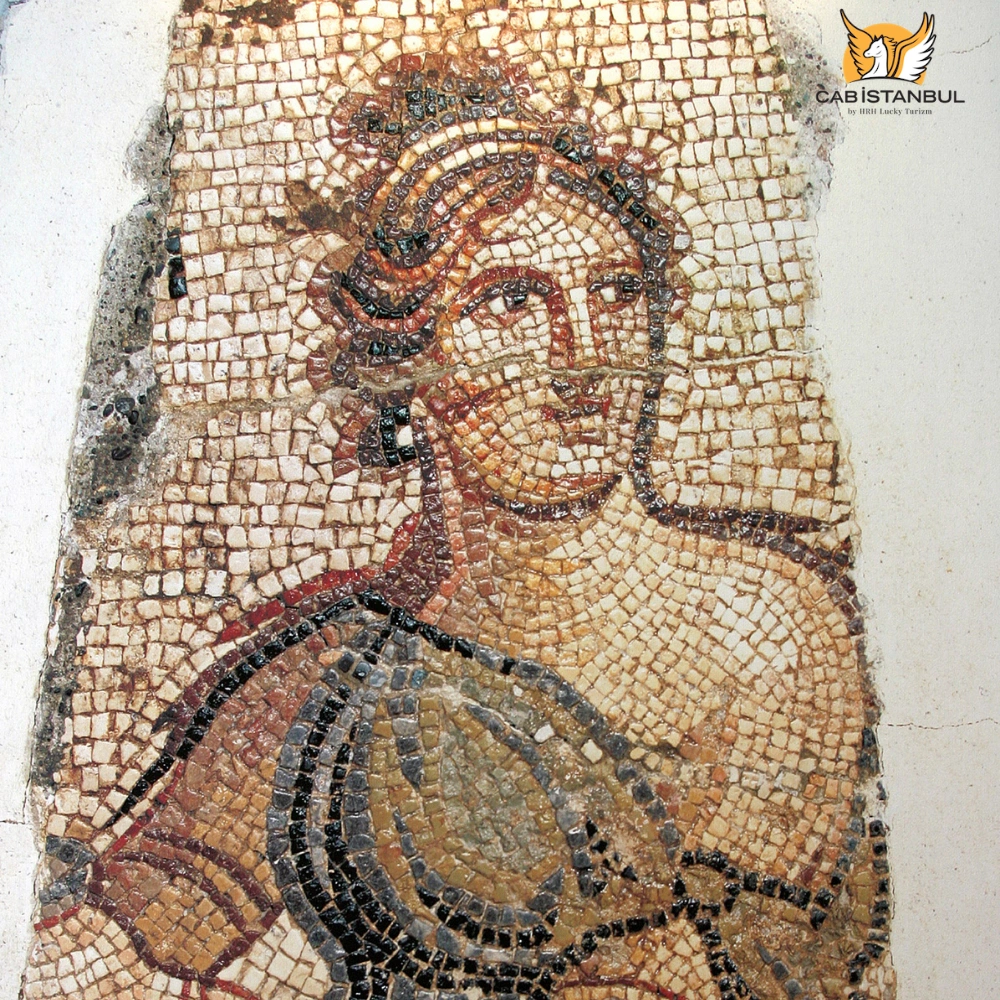 Gaia mosaic detail displayed at Zeugma Mosaic Museum