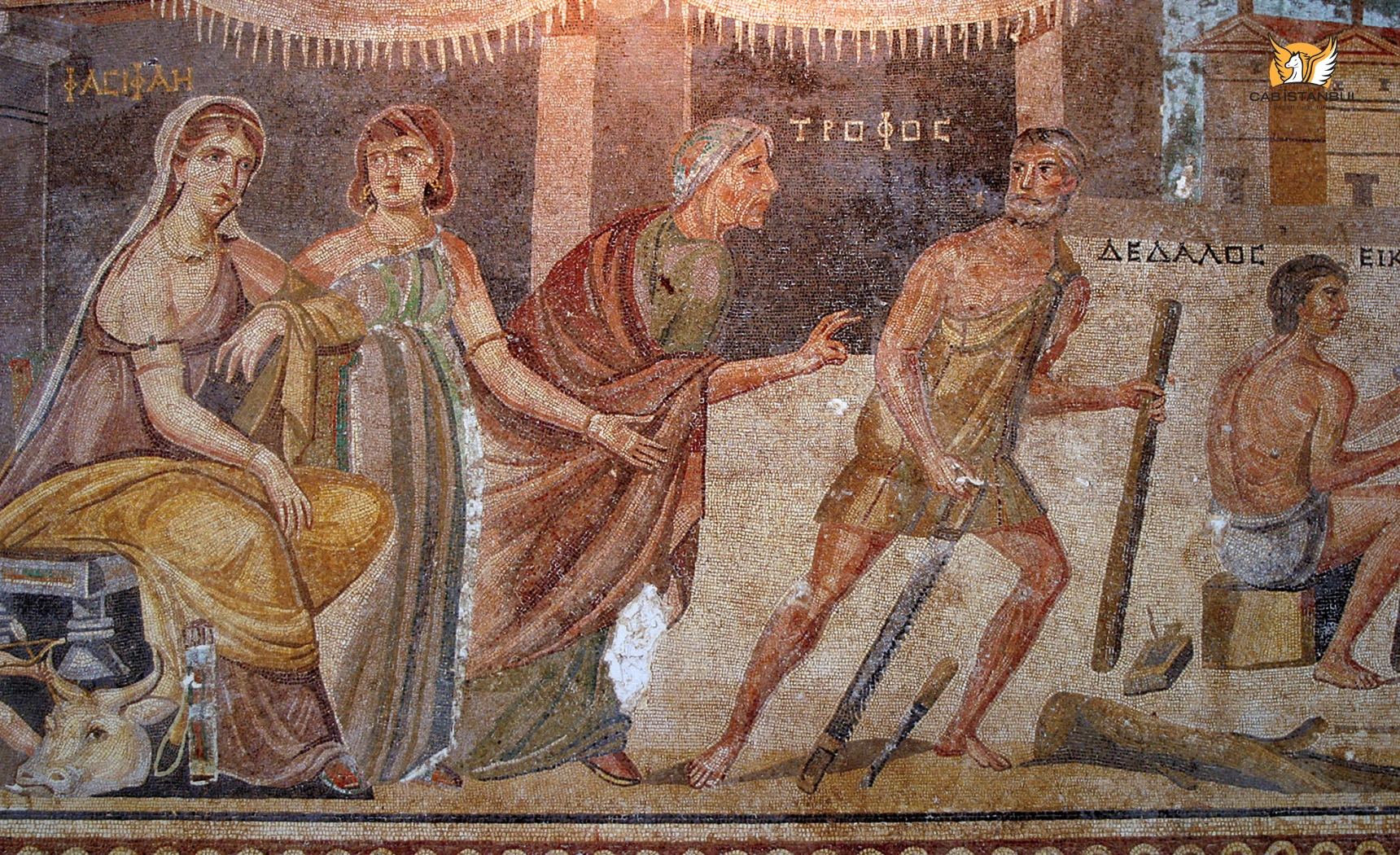 Pasiphae and Daidalos mosaic panel in Zeugma Mosaic Museum