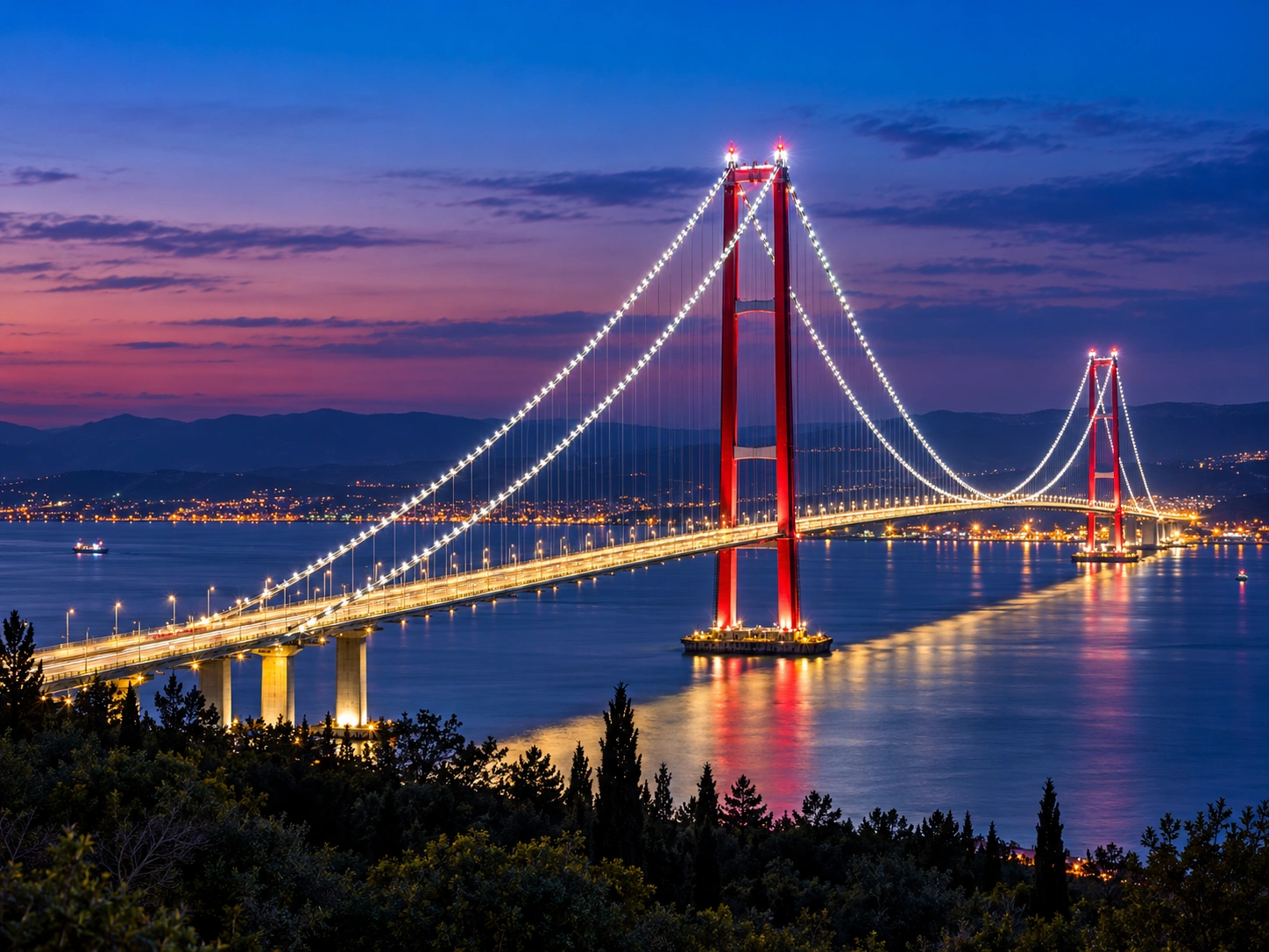 Pont 1915 Çanakkale illuminé de nuit au-dessus des Dardanelles