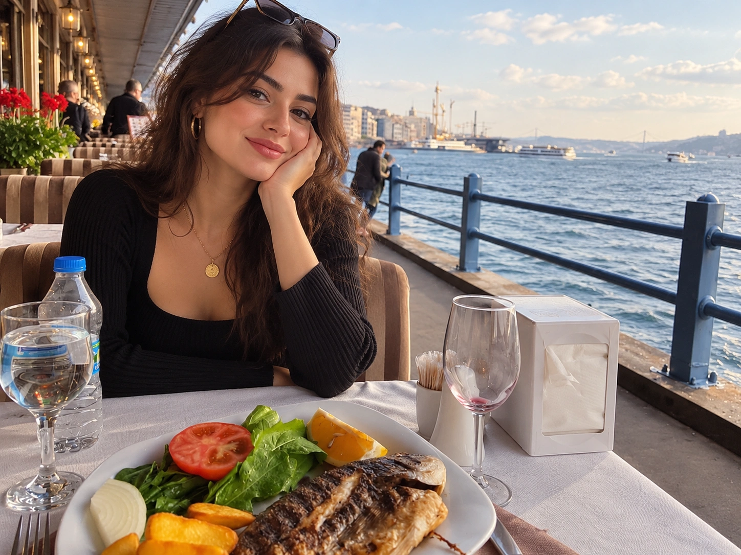 Fish dish and beer served at a Galata Bridge restaurant terrace