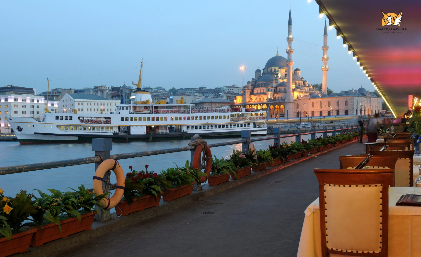 View across the Golden Horn from restaurant seating under Galata Bridge