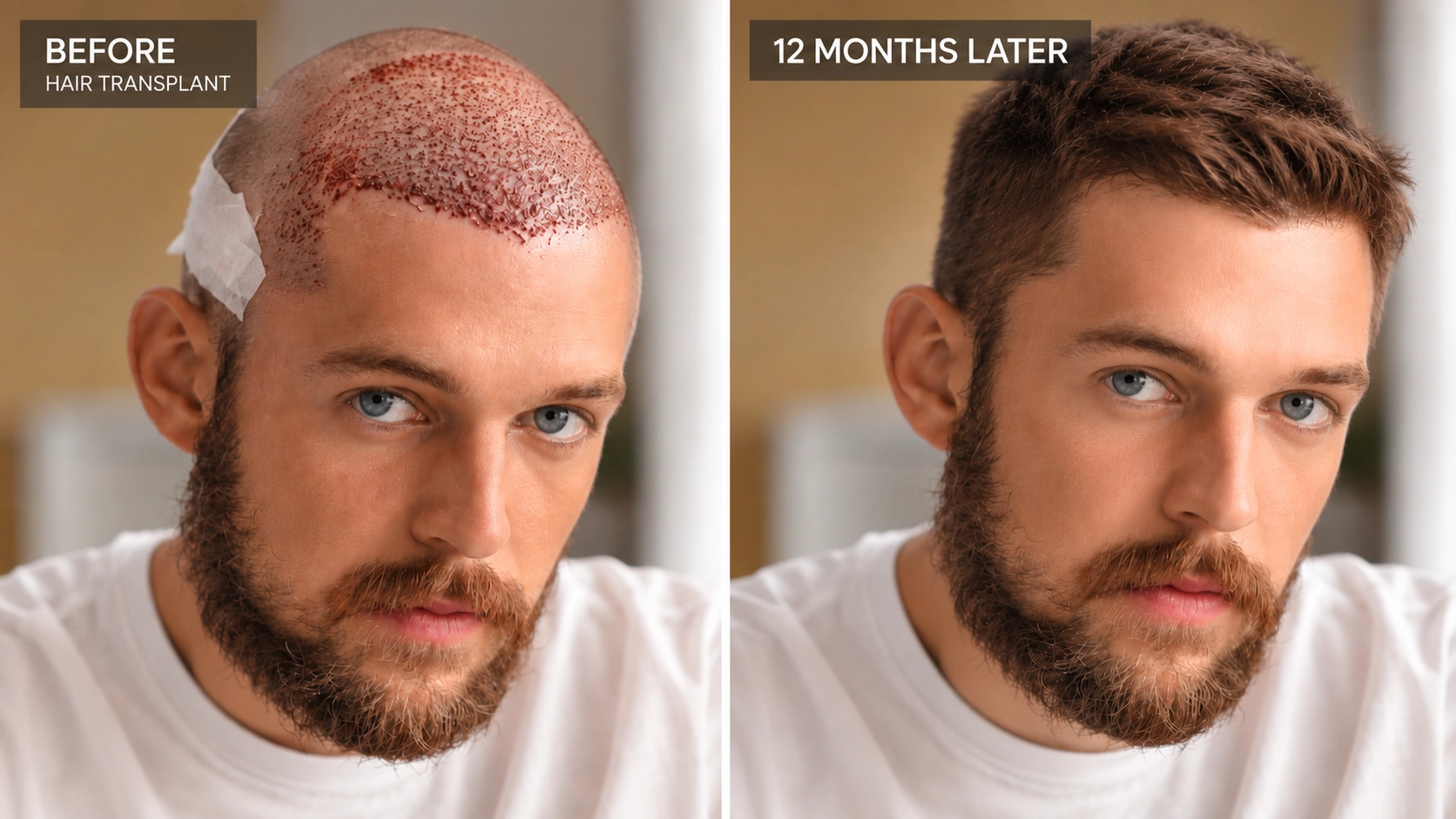 Illustrative before-and-after style comparison used in hair-restoration marketing