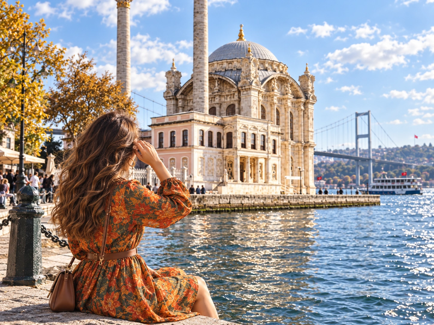 Ortaköy Mosque on the Bosphorus waterfront with bridge in the background