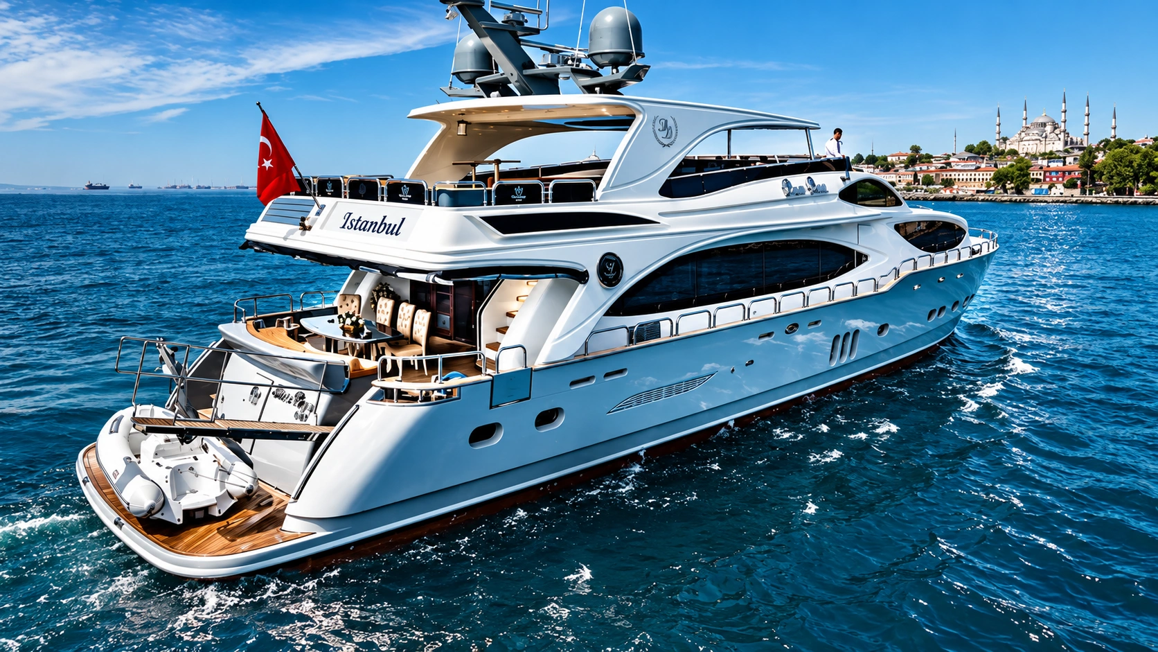 Private motor yacht on the Istanbul Bosphorus with city shoreline beyond