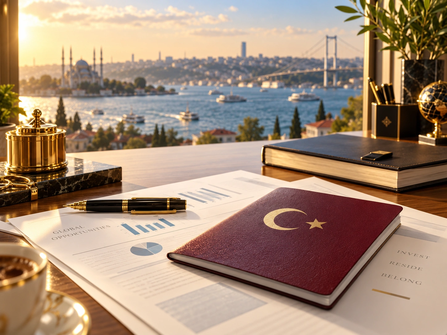 مكتب عليه جوازات ومستندات توضح التوثيق المطلوب لإجراءات العقار والجنسية التركية