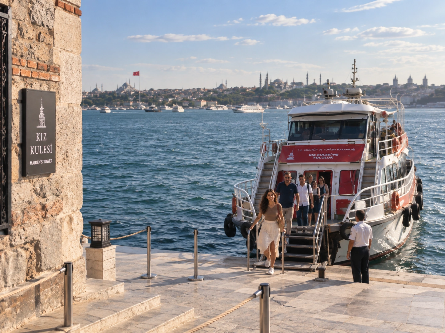 Boat approaching Maiden's Tower islet on the Bosphorus near Üsküdar