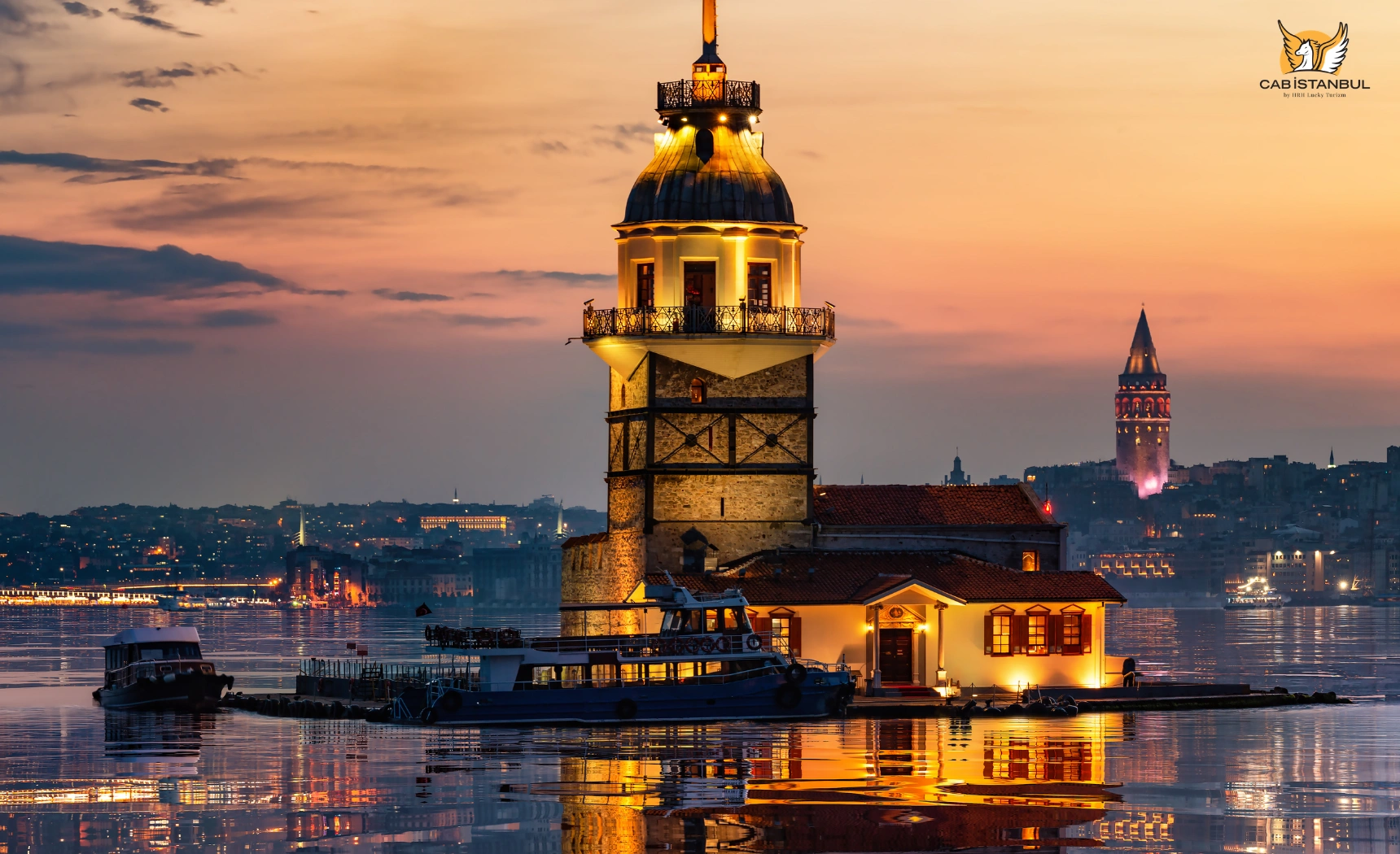 Maiden's Tower on its islet against the Istanbul skyline and Bosphorus water