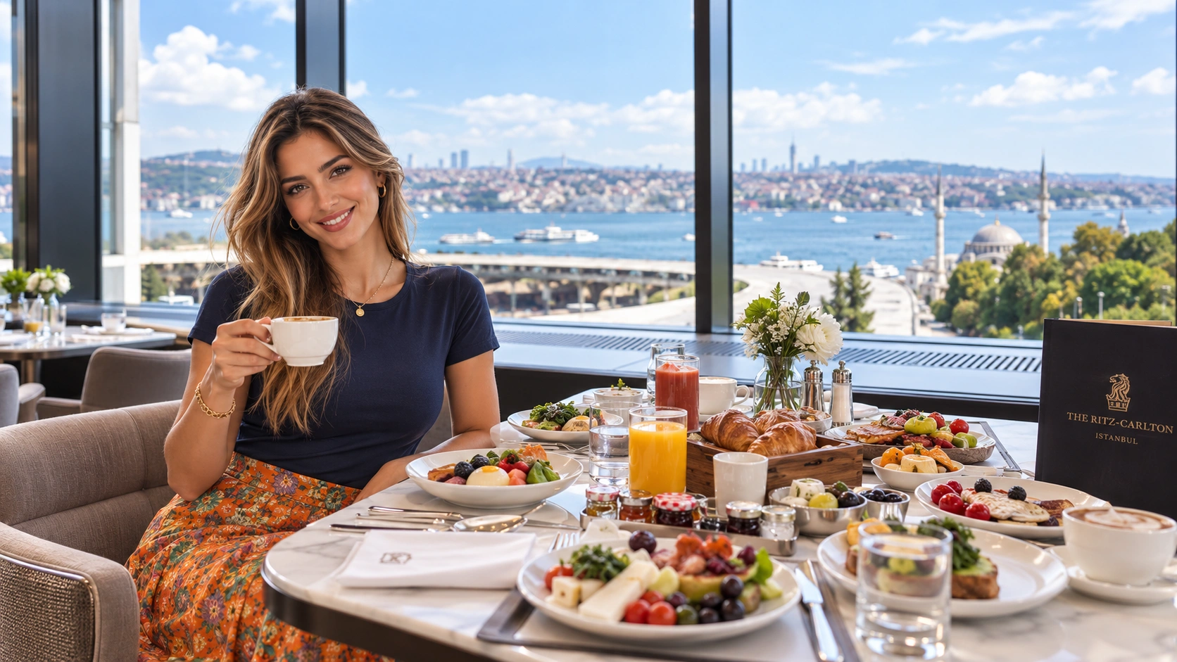 Otel restoranında kahvaltı büfesi ve masa düzeni